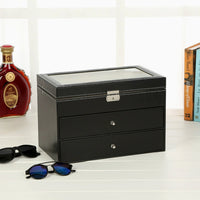 Large Capacity 18-Grid PU Leather Sunglasses Storage Box with Wood Grain Finish