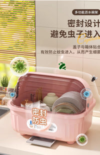 厨房碗柜家用碗筷收纳盒带盖沥水置物架装碗碟碗盘餐具箱碗架碗盆 翻盖大号-清新蓝（适用6-8人家庭）带筷筒