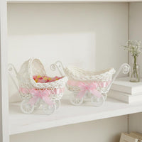 2 Pieces Miniature Pram Favor Basket Pink Ribbon Decorative Mini Pram Basket Adorable Design Rattan Style Infant Decor for Expecting Parents