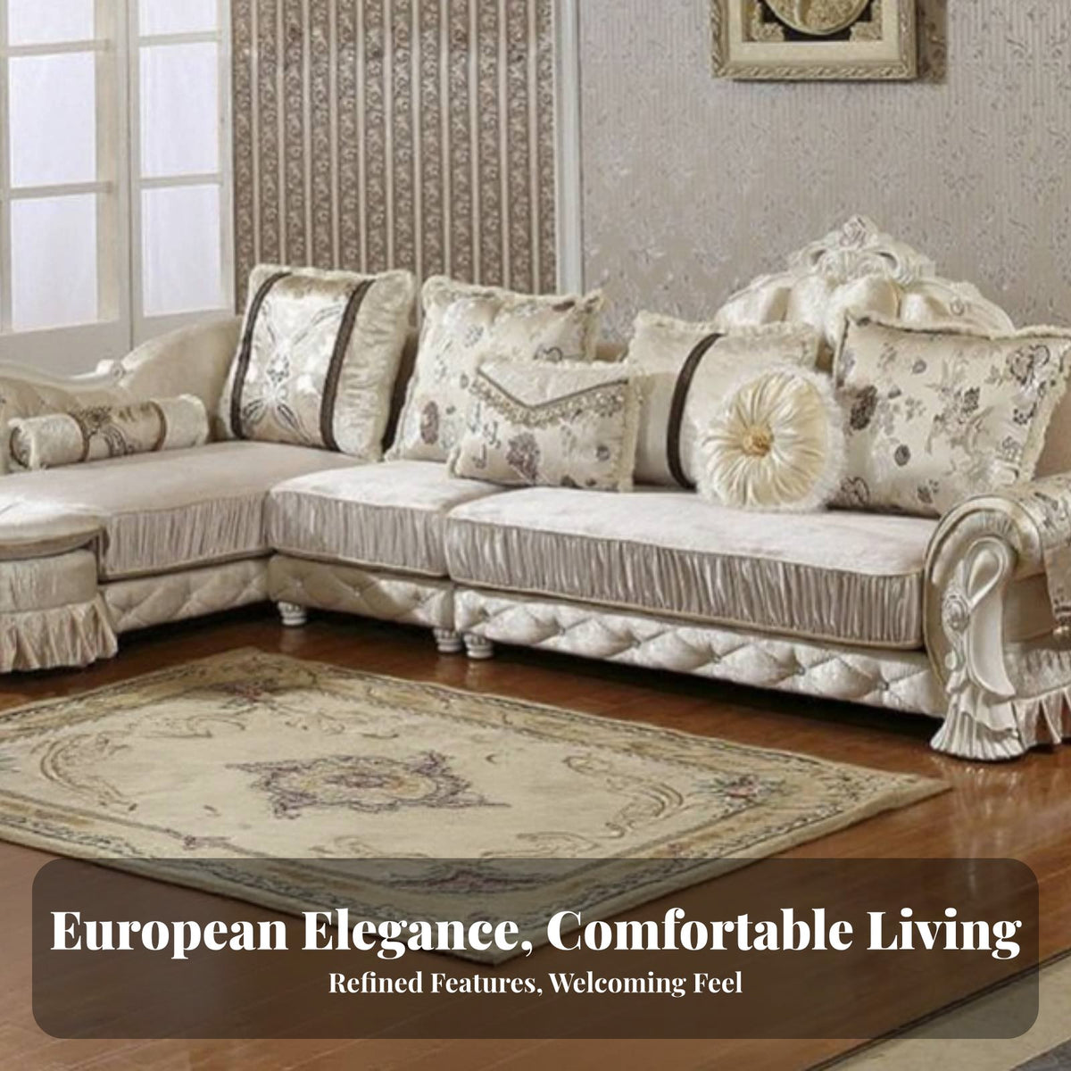 L-Shaped Ornate Sofa European Design Convertible L-Shaped Sofa Set Removable and Washable Cover Living Room Furniture for Homeowners, Lounge Area