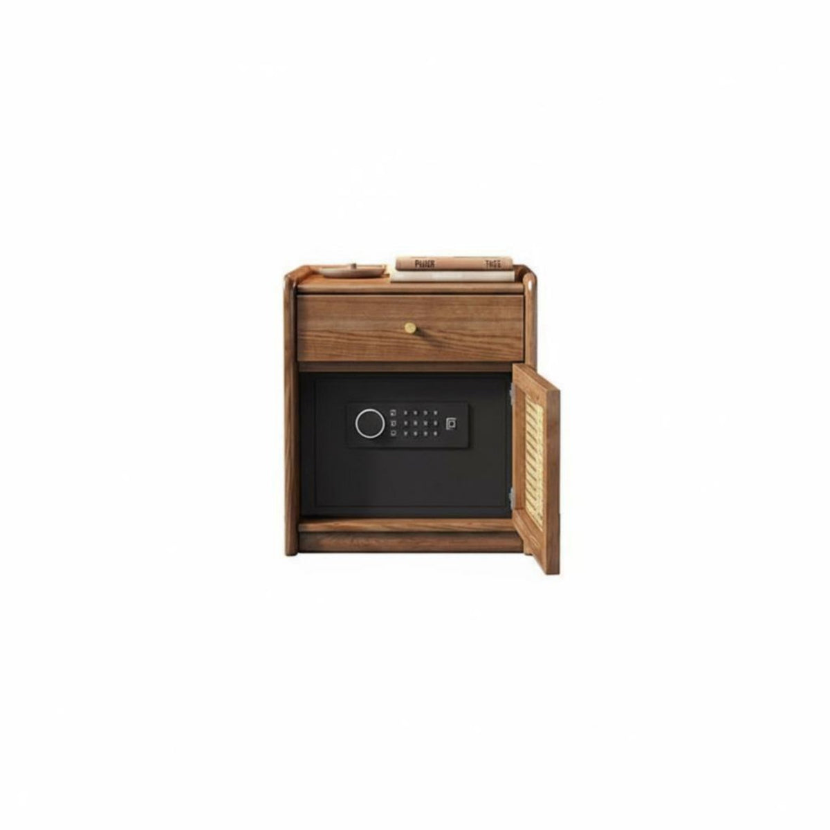 Nordic design Bedside Safe Cabinet Rattan Woven Door Nightstand with Lockable Drawer Digital Keypad Lock Storage Furniture Keyless Entry for DesignAware Individoubles, Homeowners, Students, Bedroom, Home, Living Room, Office