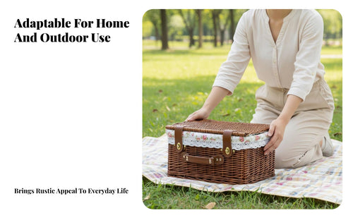 2 Pieces Lidded Wicker Basket Rustic Design Picnic Hamper Multi-Purpose for Home