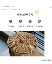 创意带盖收纳桶杂物篮仿藤编储物筐轻奢塑料家用客厅垃圾篓