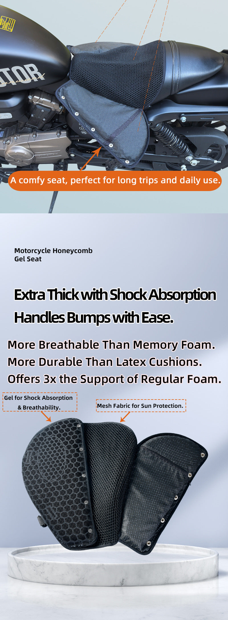 Heat Insulating Breathable Motorcycle Gel Seat Cover for Electric Scooter Sun Protection Waterproof All-Season