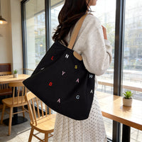 2025 New Large Capacity Canvas Tote Bag with Letter Embroidery, Green/Black/Beige