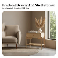 Nightstand with Storage Rattan Design Single-Drawer Stand with Woven Shelf