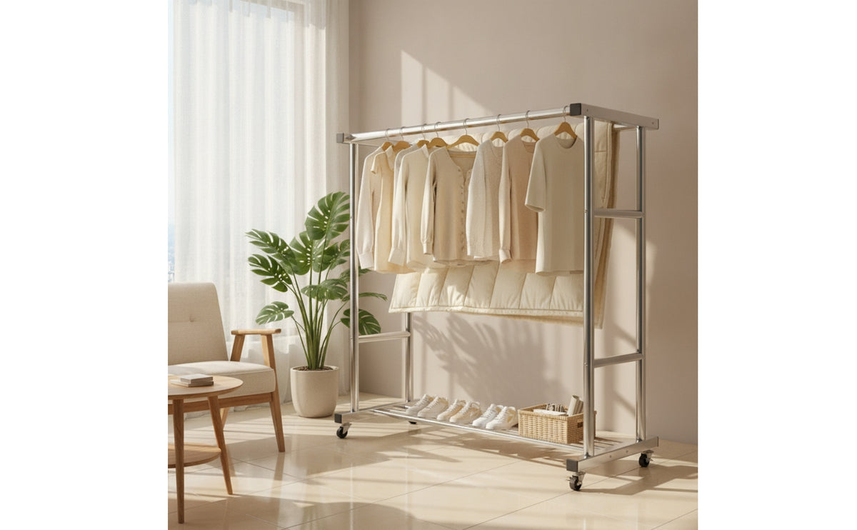 Stainless Steel Clothes Drying Rack with Shelf Rust-Resistant Double Rod Clothes Rack Sturdy Furniture Mobile for Balcony, Outdoor