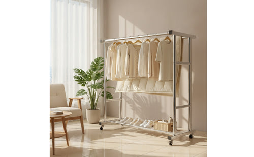 Stainless Steel Clothes Drying Rack with Shelf Rust-Resistant Double Rod Clothes Rack Sturdy Furniture Mobile for Balcony, Outdoor