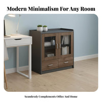 Walnut Finish Low Credenza with Glass Doors Modern Design Office Furniture Lockable Drawers Storage Cabinet for Business Owners, Administrative personnel, Decor devotees, Study Room