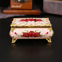 European Vintage Jewelry Box with Metal Rose Design, Creative Ring and Earring Organizer