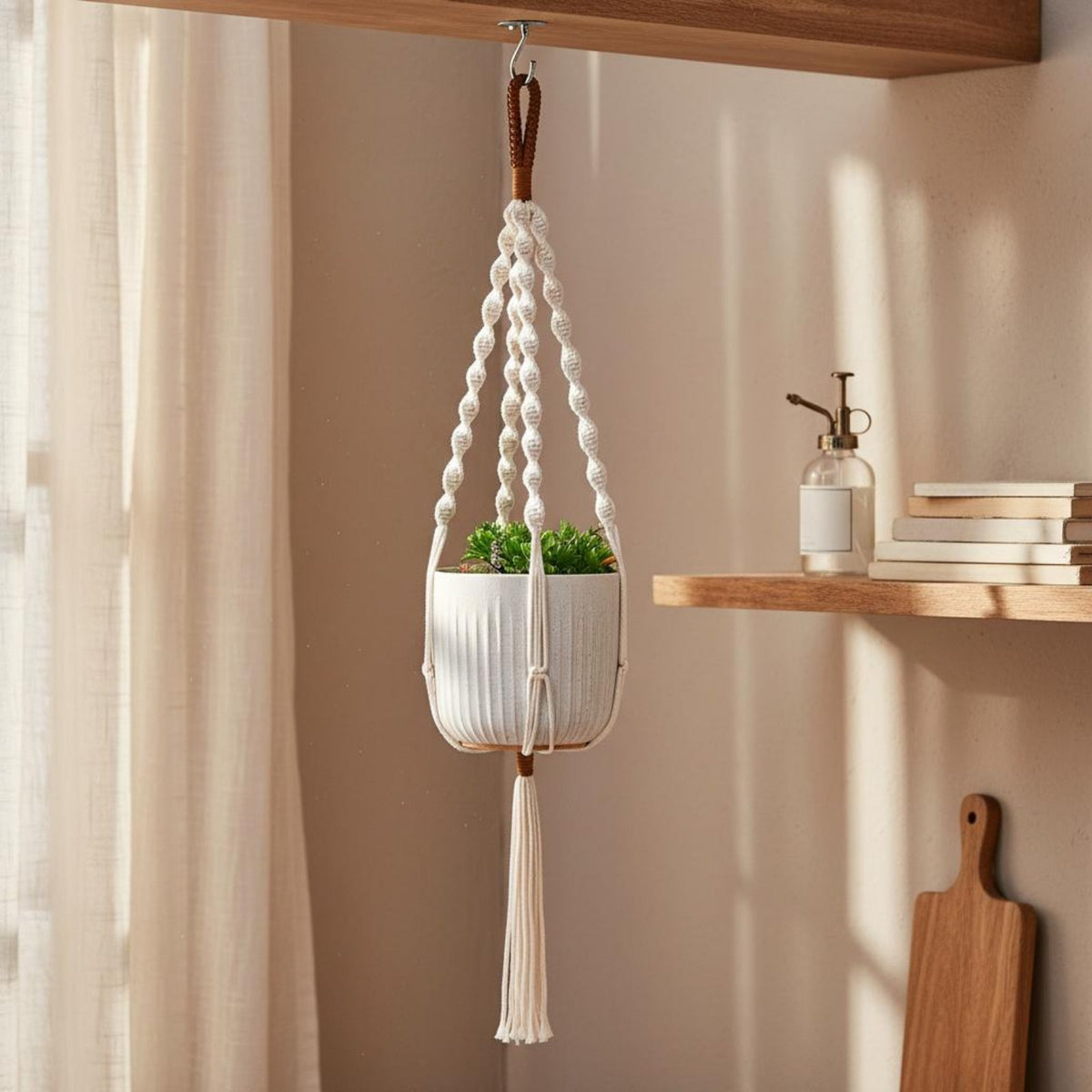 Handmade Hanging Planter Basket Decorative Macrame Plant Hanger Space Saving Beaded Flower Pot Hanger Vintage-Inspired for Home Decorators, Indoor, Living Room, Balcony, Patio