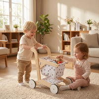 Wooden Push Cart with Basket Imaginative Play Shopping Cart Toy Energetic Infant Push Pusher for Kids, Nursery