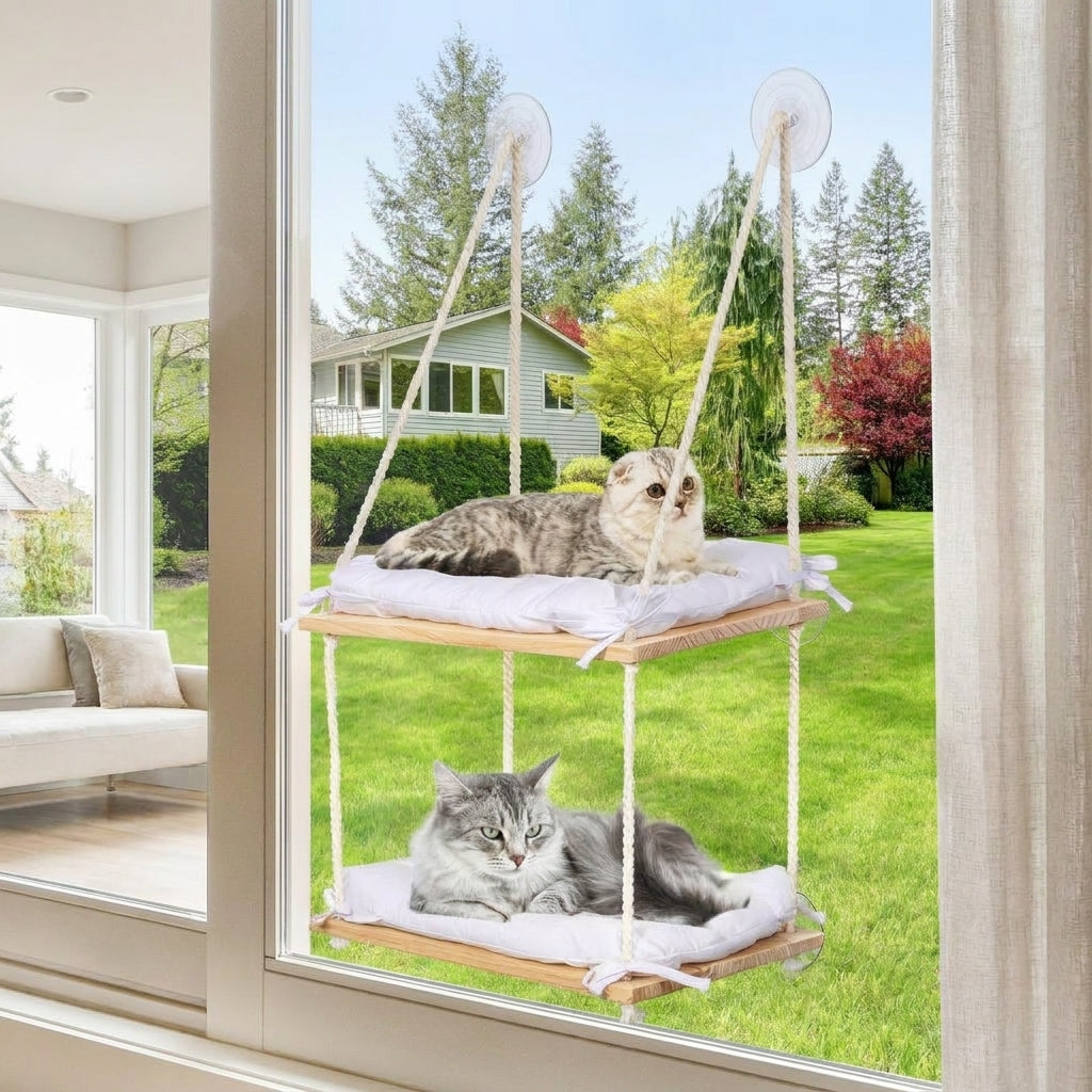 Cat Hammock Window Perch with 2 Levels, Solid Wood Hanging Bed for Large Indoor Cats, Suction Cup Mounted Smooth Textile Double Tier Rest Area