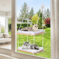 Cat Hammock Window Perch with 2 Levels, Solid Wood Hanging Bed for Large Indoor Cats, Suction Cup Mounted Smooth Textile Double Tier Rest Area