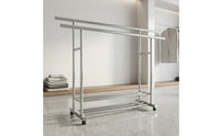 Metal Double Rod Garment Rack with Wheels Mobile Freestanding Clothes Rack with Shoe Storage Portable Furniture Space-Saving for Balcony