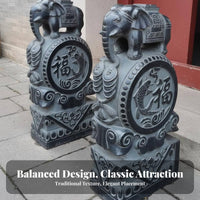 2 Pieces Chinese Drum Stone Sturdy Bluestone Antique Design Gatepost Auspicious Symbol Carved Stone Protector Statue for Garden Enthusiasts