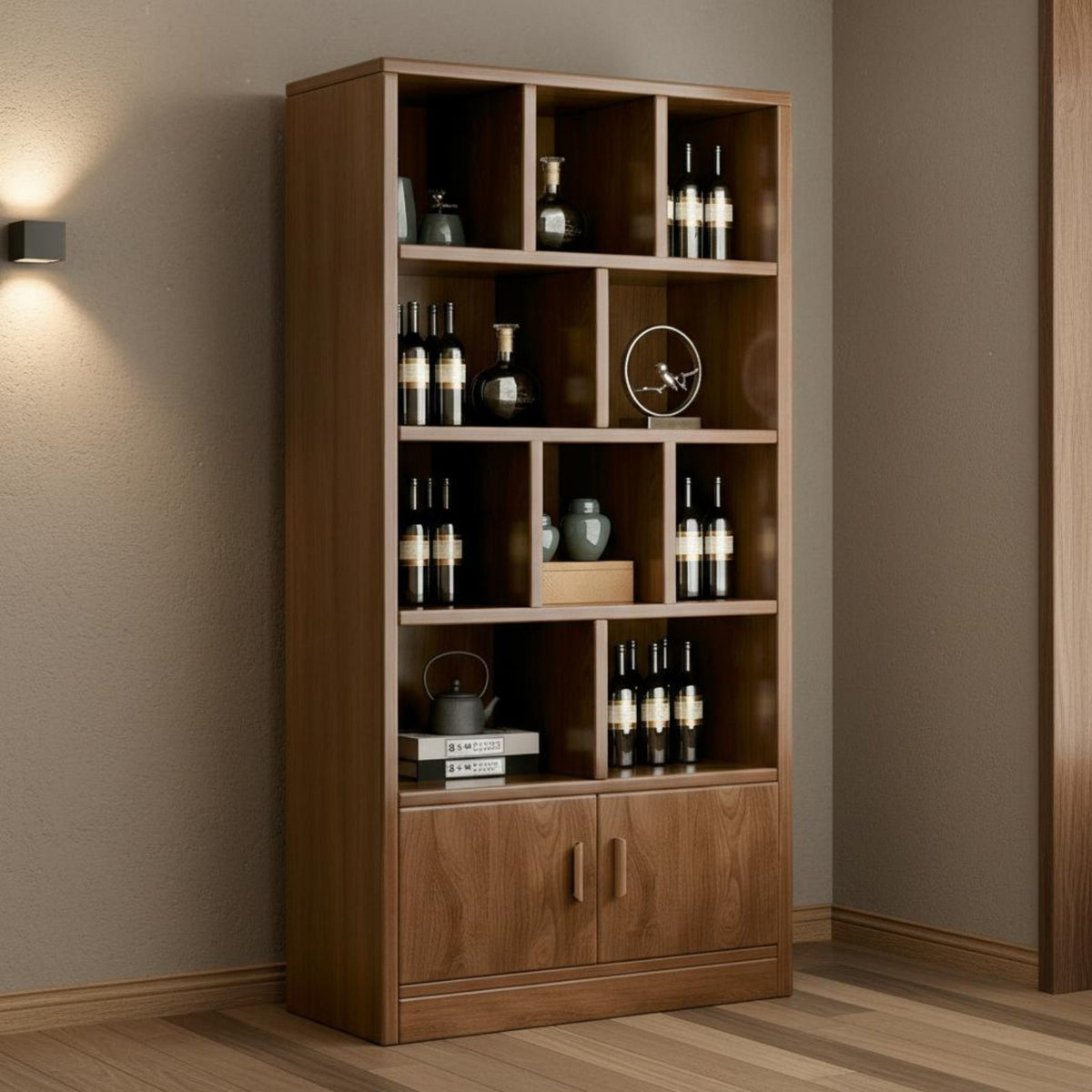 Wooden Beverage Cabinet New Chinese Design Floor Standing Display Shelf Solid Wood Floor Standing Storage Cabinet for Collectors, Adults, Restaurant