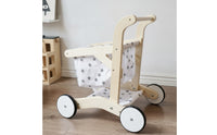 Toy Pram with Textile Basket Pretend Play Doll Stroller Wooden Toy Cart Sturdy Kids Shopping Cart Roomy for Toddlers, Playroom