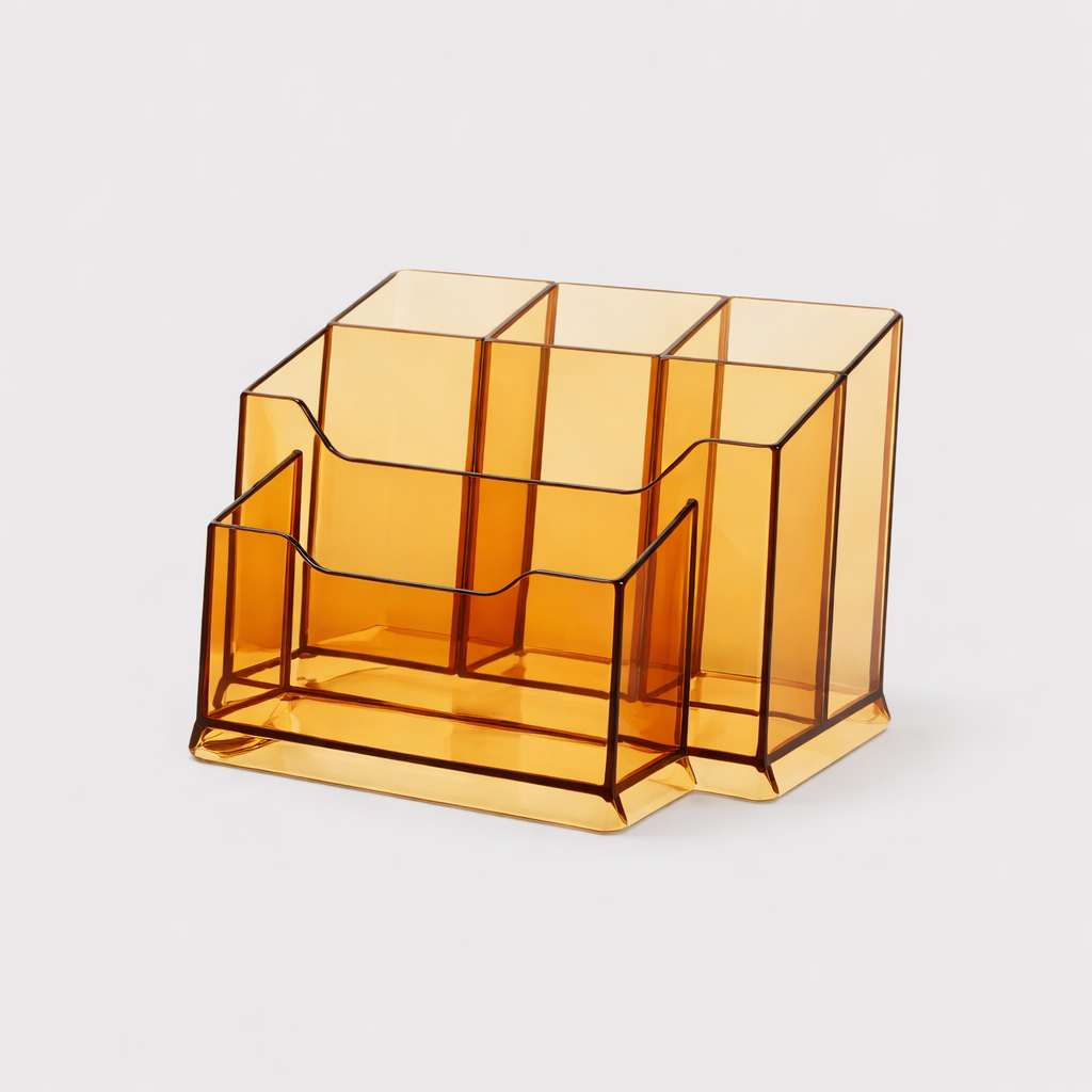 Desktop Organiser with Business Card Holder, Transparent Multi Compartment Stationery Storage, Clear Acrylic Pen for Office Desk