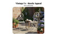 3 Pieces Vintage design and aesthetic 3-Piece Dining Group Distressed Finish Round Mesh Table with 2 Chairs Ornate Scrollwork Patio Set Weather-Resistant for Apartment Dwellers, duos, Homeowners, Garden, Balcony, Backyard, Porch