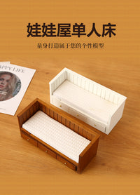 1:12娃娃屋dollhouse迷你家具卧室微场景模型胡桃木是复古单人床