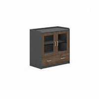 Walnut Finish Low Credenza with Glass Doors Modern Design Office Furniture Lockable Drawers Storage Cabinet for Business Owners, Administrative personnel, Decor devotees, Study Room