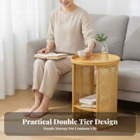 Dual-Level Round Nightstand Japanese Design 2-Tier Round Table Rattan Weave Design Rounded Edges for Bedroom, Small Spaces
