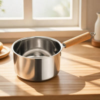 Easy to Clean Frying Pot with Wooden Handle Comfortable Grip Stainless Steel Frying Pot Compact Saucepan Deep for Daily Cooking