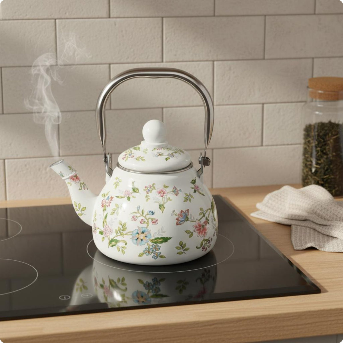 Enamel Kettle Induction Compatible Floral Stovetop Teapot