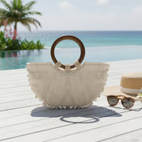 Woven Bag with Wooden Handle Textured Handmade Purse Semi-Circular Handbag Beaded Shell Embellished Bag Artisanal for Women