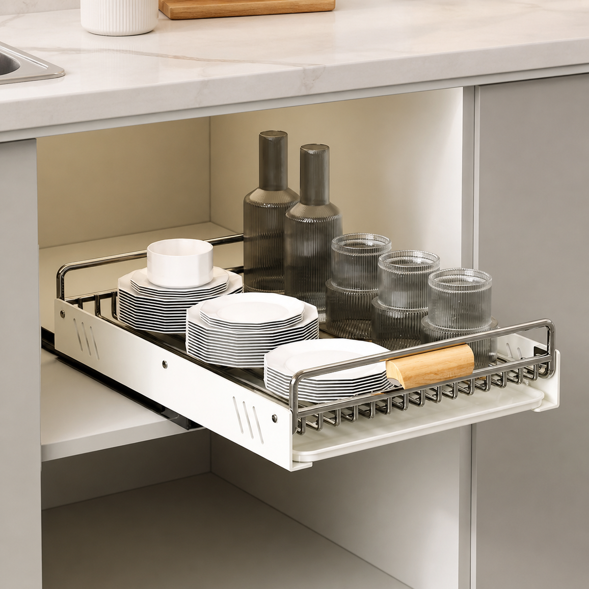 Stainless Steel Pull-Out Dish Drying Rack, Under-Mount Dish Rack for Bowls and Dishes, Milk White Dish Drainer 42x30x9cm