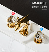 American-Style Three-Hole Basin Faucet, Brass, Gold Finish, Dolphin Design