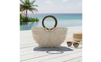 Woven Bag with Wooden Handle Textured Handmade Purse Semi-Circular Handbag Beaded Shell Embellished Bag Artisanal for Women