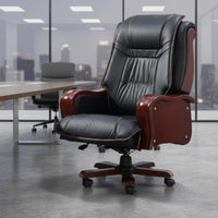 Padded Seat Leather and Wood Office Chair High Back Executive Chair for Executives, Study Room