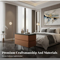 Sintered Stone Top Nightstand Solid Wood Construction Modern Nightstand with Drawers Scratch Resistant Leather Wrapped Bedside Table for Adults, Hotel