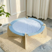 Elevated Cat Bed with Two-Tier Round Woven Design, Wood Cat Hammock with Cooling Mat for Indoor Cats, Raised Bed Indoor Resting Place for Pets