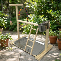 Parrot Playground with Bird Climbing Ladder and Bird Swing, Wooden Parrot Stand with Removable Tray, Multi-functional Cockatiel and Budgie Perch