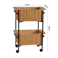 Two-Tier Storage Trolley Iron Frame Woven Basket Trolley Raised Rims