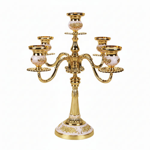 Five-Arm Candelabra Embossed Alloy Candle Holder Decorative for Mantel, Weddings