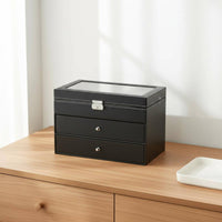 PU Leather Eyewear Storage Box Large Capacity Leather Eyewear Display Case 3-Tier Glasses Display Case Clear View Lid for Women