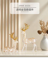 北欧轻奢透明金箔麋鹿摆件客厅酒柜玄关电视柜装饰品办公室桌面