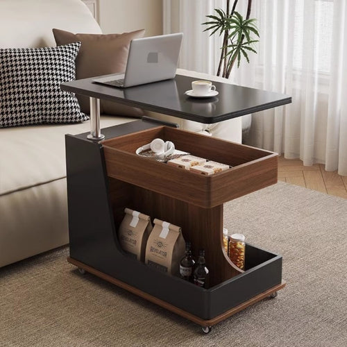 Mobile Sofa Table with Storage Lift Adjustable Surface Side Table Snack Cart C-shaped Base Sintered Stone Top Solid Wood Frame with Wheels Suitable for Adults Bedroom Living Room Home Office Compact Spaces