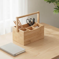 Bamboo Storage Box with Dividers Wooden Utensil Holder with Handle Countertop Cutlery Organizer for Tabletop