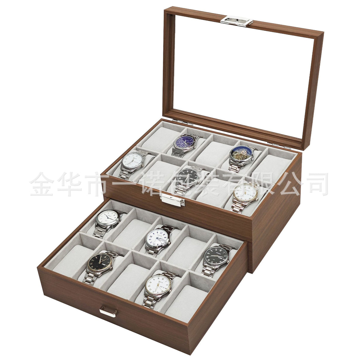 Black Walnut Retro Wooden 20-Slot Double-Layer Watch Storage and Display Box with Flip Lid and Drawer