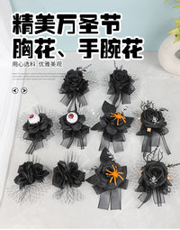 万圣节胸花手花套装甜丧风万圣蜘蛛布艺玫瑰胸针欧根纱飘带手腕花