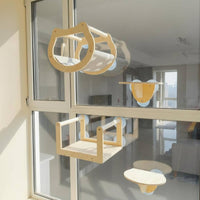 Sturdy Wood Cat Bed, Glass Suction Hanging Shelf, Balcony Sun Bed
