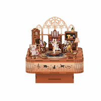 DIY Wooden Music Box, Cat Gathering 3D Model Kit, Rotatable Assembly Toy