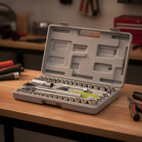 Chrome-Finished Socket Wrench Kit Knurled-Grip Ratchet and Socket Set Compact Hand Tools Portable for Mechanics, DIYers, Car Owners, Automotive Repair, Garage, Home Workshop, Roadside Emergencies