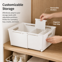 Moveable Storage Box, Adjustable Storage Tub 27-38.5cm, Wheeled Cabinet Organizer for Kitchen & Bathroom, White Synthetic Material
