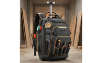 Telescoping Handle Rolling Tool Backpack Zippered Compartments Wheeled Tool Backpack Padded Carry Section Work Gear Storage Structured Base